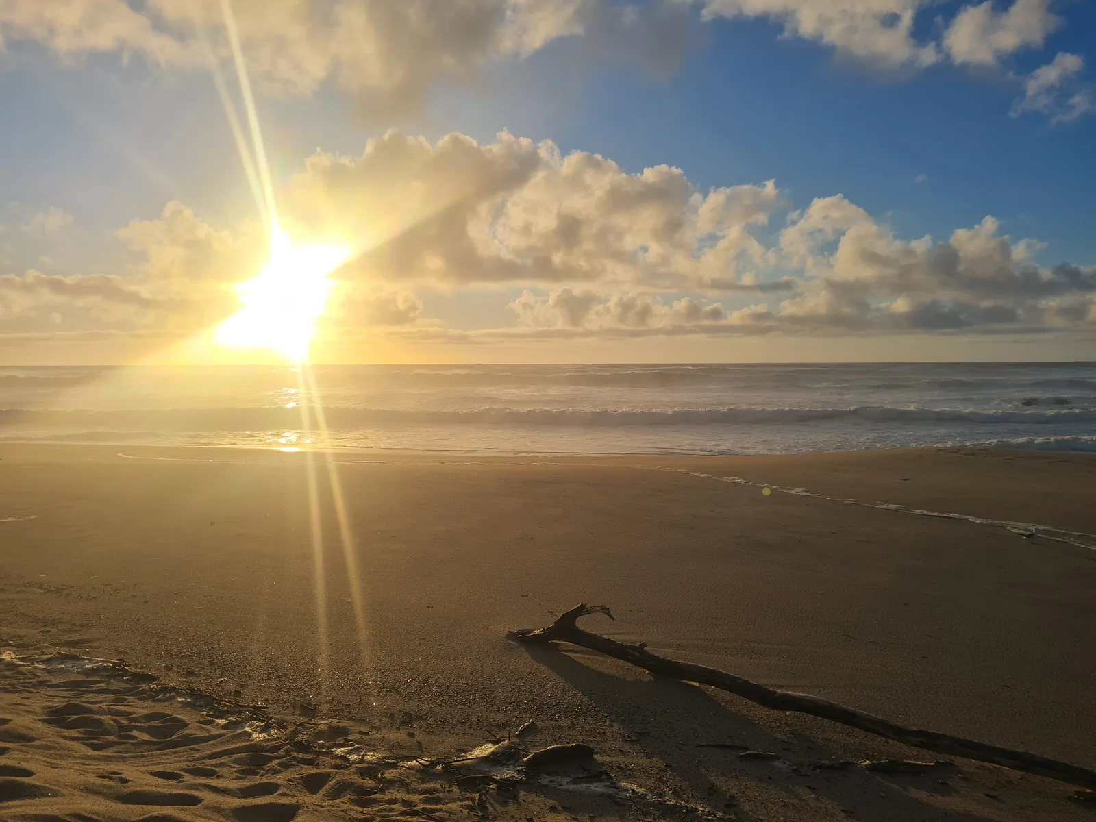 Low evening sun breaking across the Tasman Sea surf at Heaphy beach, with a weathered driftwood log resting on the sand.