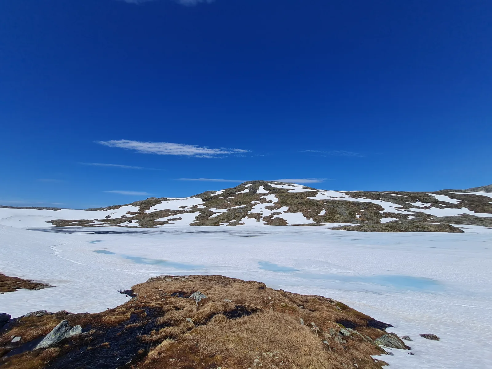 Brilliant turquoise meltwater along the rim of a frozen high-alpine lake beneath clear summer skies.