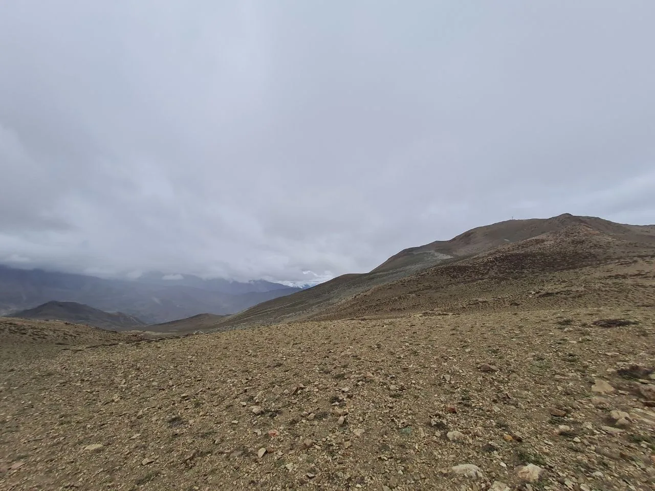 Barren high-altitude terrain on the Mustang circuit under overcast skies.