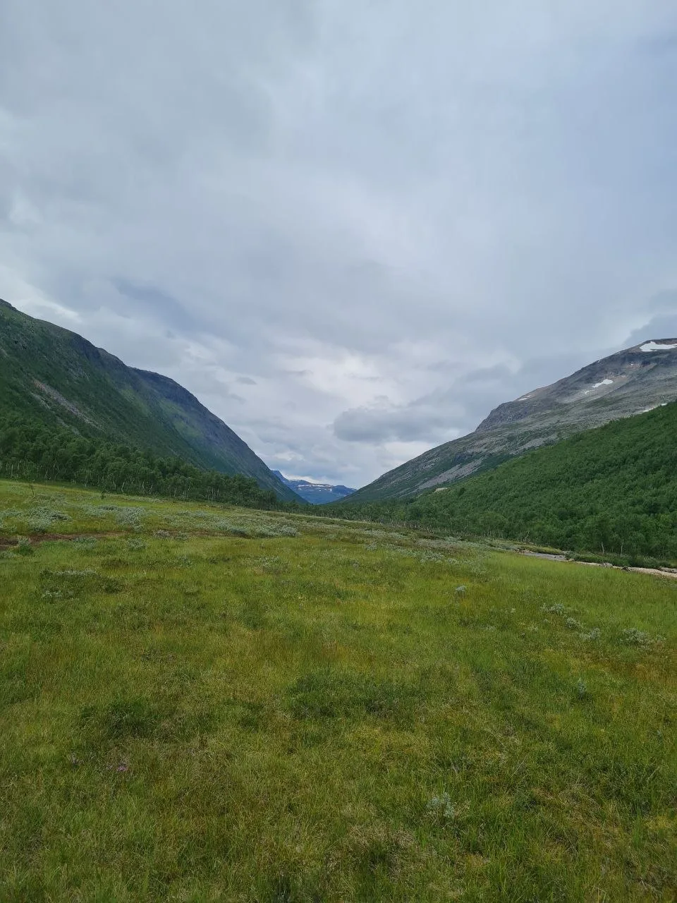 Open valley with grassy meadow and surrounding mountain slopes under cloudy sky