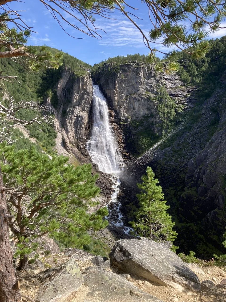 Waterfall cascading in green rocky landscape under blue sky