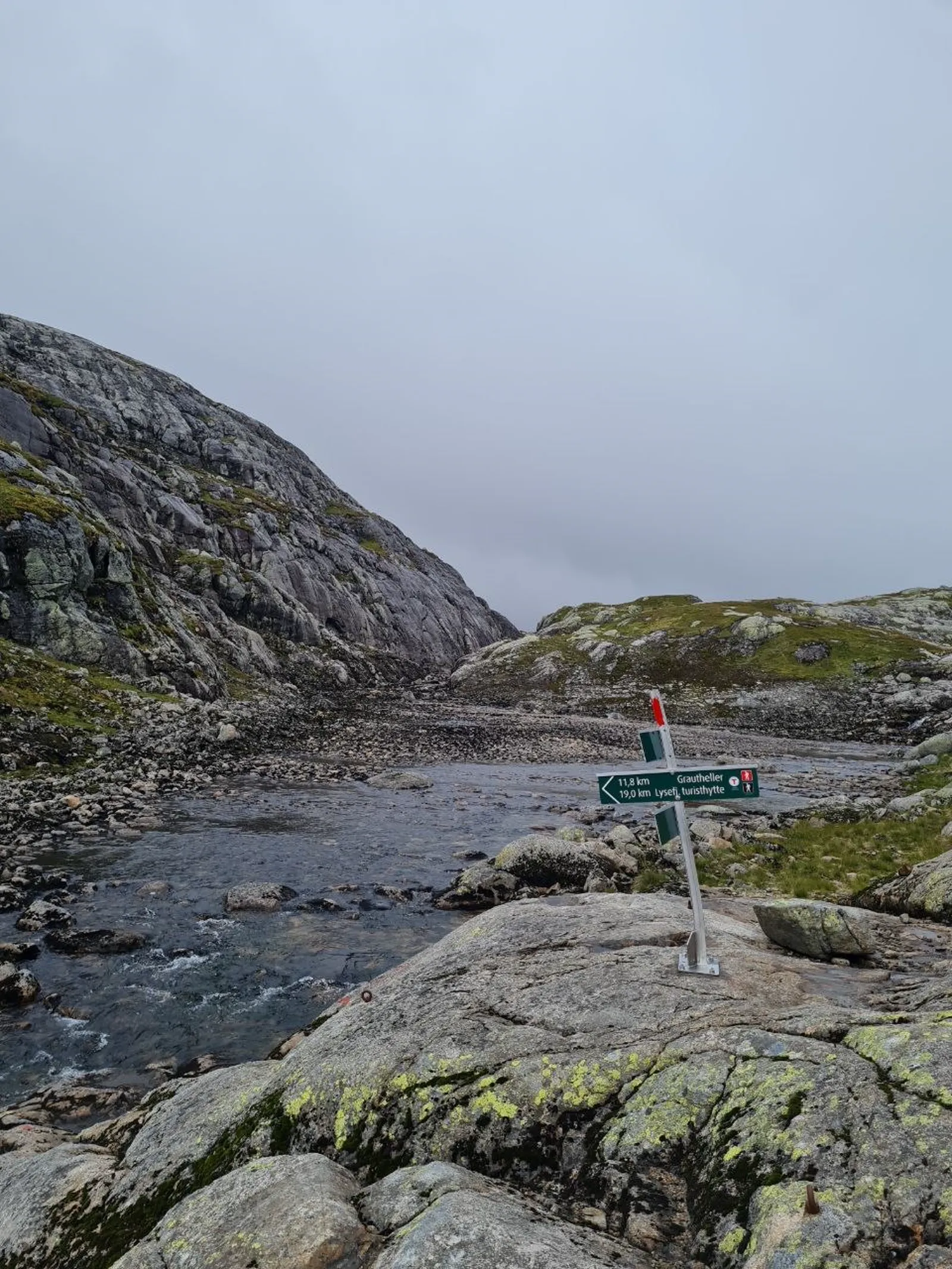 Trail signpost near rocky stream on overcast mountain plateau